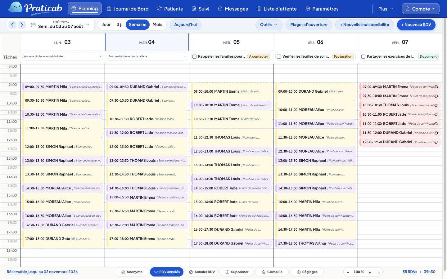 Planning hebdomadaire dans Praticab avec les rendez-vous des patients